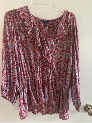 Blusa para mujer Chaps roja cachemira manga tres cuartos volantes cuello en V L nueva con etiquetas Foto 1 de 4