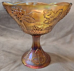 Indiana Glass Co. Marigold Carnival Glass Harvest Grape Pedestal Fruit Bowl - Picture 1 of 4