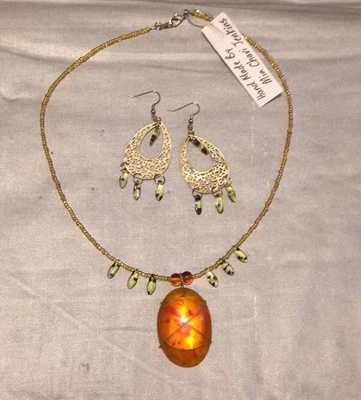 琥珀和老虎黄金套装,项链和耳环套装,手工制造 — 第 1/3 张图片