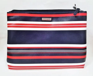 NEW TOMMY HILFIGER BLUE+RED+WHITE STRIPED NYLON FOLD OUT ZIP LARGE COSMETIC,BAG - Picture 1 of 9
