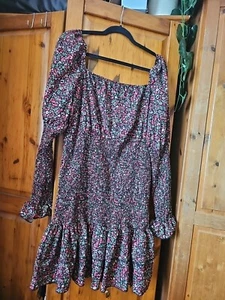 Boohoo Black Folk Floral Square Neck Ruffle dress With Stretch plus size 18 - Picture 1 of 2