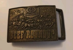 IGA TABLERITE BEEF ROUNDUP BELT BUCKLE VINTAGE METAL COWBOY CATTLE LASSO WESTERN - Picture 1 of 8
