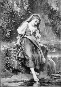 JEUNE FILLE AU BORD du RUISSEAU - Grande Planche du 19e (de L. Perrault) - Picture 1 of 2