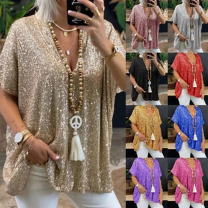Short Sleeve Casual Sequins Pullover Blouse Ladies T Shirt Loose Summer Tops - Picture 1 of 29