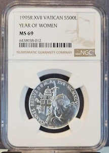 1995 VATICAN SILVER 500 LIRE S500L YEAR OF WOMEN NGC MS 69 RARE TOP POP 1 - Picture 1 of 3