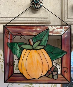 Stained Glass Pumpkin Sun Catcher 8.5 X 7 W/ Chain Hand Made Acorns Autumn Fall - Picture 1 of 6