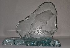 Turquoise Blue Etched Thick Glass Art Bass Fishing Big Mouth Fish Deco Large