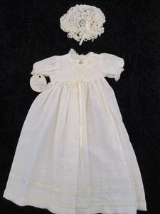 Handmade Off White Fancy DOLL GOWN Dress Crocheted Mobcap Hat Baby Reborn NOS - Picture 1 of 19