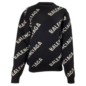 Balenciaga Logo Intarsia Crewneck Sweater In Wool Women Black Size 36 - Picture 1 of 9