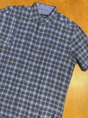 Bugatchi Linen Button Shirt Men XL Shaped Fit Classic Blue Plaid Button Up EUC - Image 1 of 4