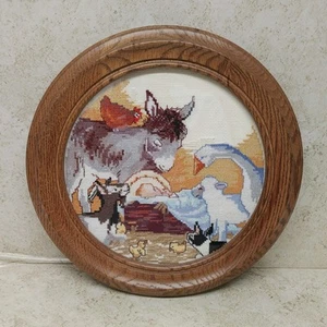 Nativity Scene Cross Stitch Finished Framed Manger With Animals Round Frame 11" - Picture 1 of 14