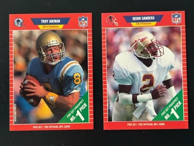 Lote de 2 tarjetas de novato de fútbol americano 1989 con Troy Aikman y Deion Sanders como nuevas Foto 1 de 4