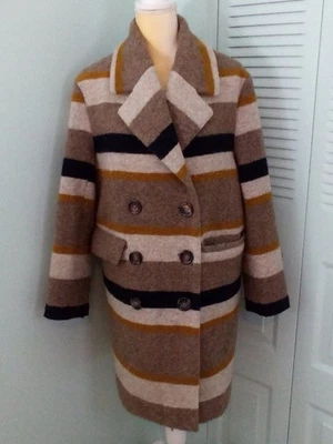 H & M 2 ПОЛОСКИ ШЕРСТИ СМЕСЬ ГОРОХА ПАЛЬТО С ПОДКЛАДКОЙ КАРМАНЫ ДЛИНА ДО КОЛЕНА ПУГОВИЦЫ ОРАНЖЕВЫЙ КРЕМОВЫЙ - Изображение 1 из 4