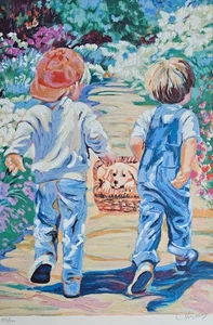 Corinne Hartley Buddies boys & dog Hand Embellished Hand signed Lithograph art - Picture 1 of 13