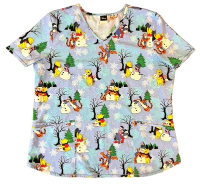 Winnie the Pooh Tigger Scrub Top XL Performance Stretch Poly Snowman Winter Snow - Image 1 of 4