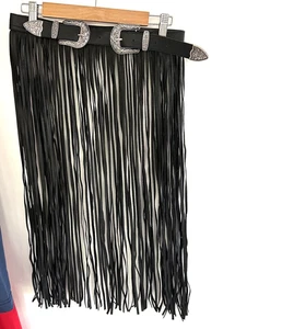 Doppelschnalle Fransen Gürtel schwarz lang Western Festival Boho Coachella - Bild 1 von 9