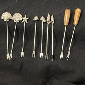 Vintage Pewter Seashell  & Wood Hors d'oeuvre Picks Appetizer Forks 9 Total - Picture 1 of 4