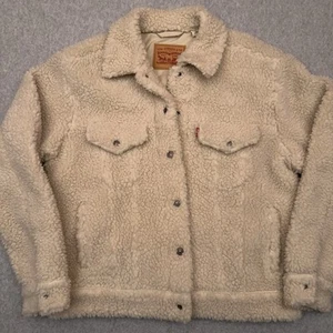 Levi's Ex Boyfriend Sherpa Trucker Jacket Women's Medium Beige High Pile Fleece - Picture 1 of 8
