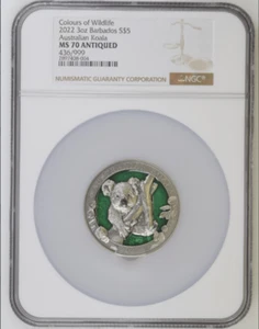 2022 Barbad S$5 Silver 3oz Wildlife - Australian Koala NGC MS70 Antiqued - Picture 1 of 3