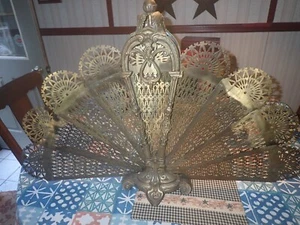 Vintage Antique Brass Victorian Fireplace Screen Folding Peacock Fan 36" wide - Picture 1 of 16