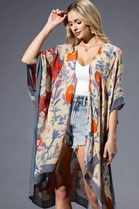 Phyllis Floral Print Kimono Blue & Red Geometric Print with Border 25U2341 - Picture 1 of 4