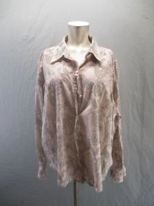 Liz&Co Size 1X Women Beige Paisley Cotton Blend Long Sleeve Button Up Blouse 745 - Picture 1 of 8