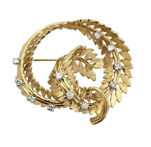 18K Yellow Gold Clear Stone Feather Laurel Leaf Round Knot Brooch - Picture 1 of 18