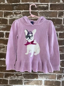 BABYGAP BABY GAP GIRLS SIZE 5 PURPLE FRENCH BULLDOG SWEATER HOODED LONG SLEEVE - Picture 1 of 3