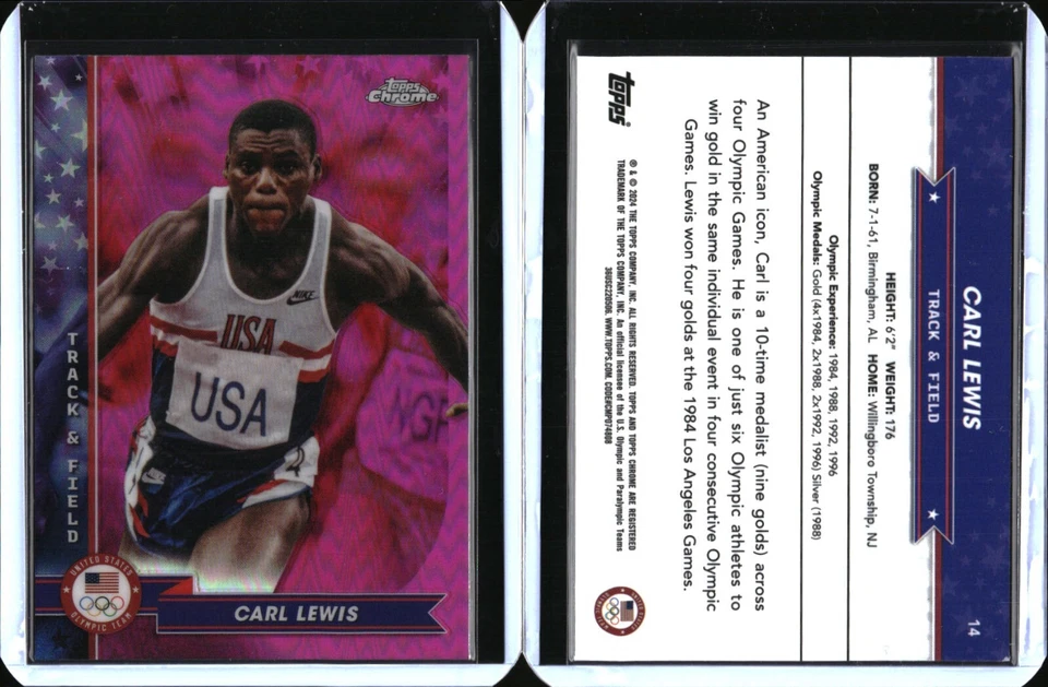 2024 Topps Cromo Juegos Olímpicos EE. UU. EE. UU. Rosa Refractor #14 Carl Lewis Foto 1 de 1