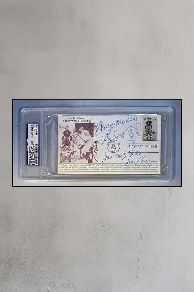 Jim Thorpe FDC signed by Hall of Famers-Brown/Atkins/Bell/Musso+3-PSA #83001223 - Image 1 of 1