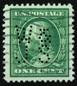 U.S. Used Stamp Scott #374 1c Franklin. XF - Superb Jumbo. Wave & Perfin Cancel. - Picture 1 of 2