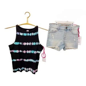 Justice Girls Short Set-12/14 Hi Neck Tank Top-12S (Slim) Denim Classic Shorts - Picture 1 of 6