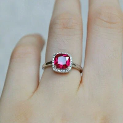 2.90Ct Cushion Red Ruby Simulated Diamond  Engagement Ring 14K White Gold Finish - Image 1 of 4