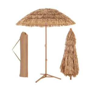 6.5' Patio Outdoor Beach Thatched Tiki Umbrella Portable With Push Button Tilt - Picture 1 of 10