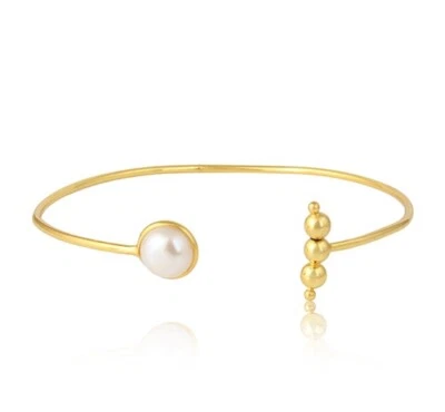 Handmade Yellow Gold Plated Brass Natural Pearl Cuff Bangles With Ball Beads - Image 1 of 3