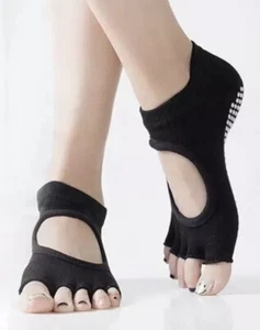 Women’s Black Yoga Pilates Dance Exercise Half Toe Toeless Non Slip Grip Socks - Picture 1 of 4