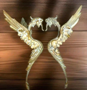 Pair Antique French Solid Bronze/ Brass Decors Winged Chimeras/ Griffons Dragons - Picture 1 of 7
