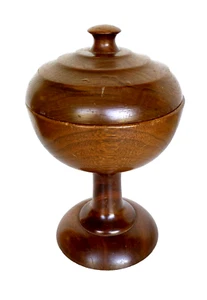 Caja de baratija pedestal de compota de madera de nogal torneado vintage con tapa, 8-1/2" de alto - Imagen 1 de 12