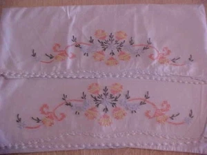 Vintage Embroidered Pillowcases w/ Blue, Pink & Yellow Flowers, White Crochet - Picture 1 of 4