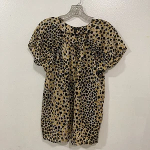 ANN TAYLOR yellow black animal print flutter ruffle sleeve semi sheer top M - Picture 1 of 10