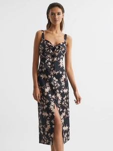 REISS Aleen PETITE Floral Print Linen Midi Dress in Black/Blush in UK Size 12 - Picture 1 of 4