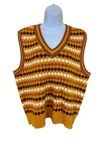 Chaleco Suéter Cato XL Argyle Marrón Mostaza Cuello en V Acrílico Retro Y2K Preppy - Imagen 1 de 9