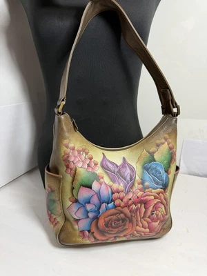 Anuschka Hand Painted Leather Shoulder Hobo Bag Floral Gold Multicolor Womens - Image 1 of 4