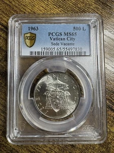 1963 Vatican City Silver Sede Vacante 500 Lire PCGS MS65 True View Gold Shield - Picture 1 of 3