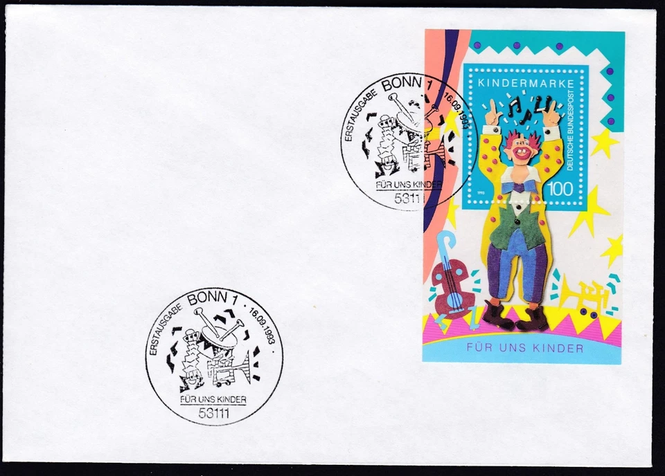 Germany 1993 FDC Mi 1695 Block 27 Scott 1813 Souvenir Sheet Singing Clown - Image 1 of 1