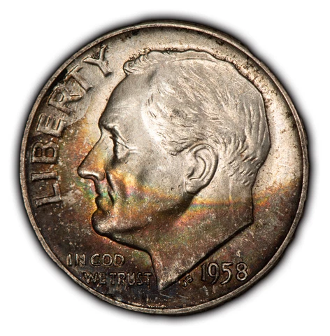 1958 10c Roosevelt Silver Dime - Rainbow Crescent�Toning - BU - SKU-Y5354 Cover