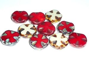 Medieval Cross Coin Beads  (10) 14mm Mix of Red & Beige w/ Picasso and Copper