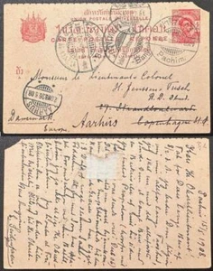Thailand 4 atts message half reply card Pachim to Denmark 1908 forwarded, RARE*d - Picture 1 of 3