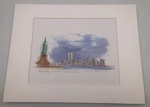 Mads Stage Print- Twin Towers Statue Of Liberty Manhattan  Watercolor Matted NYC - Picture 1 of 7