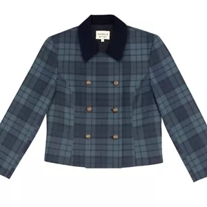 Blazer Carroll Reed para mujer 14P azul lana a cuadros doble pecho cuello de terciopelo - Imagen 1 de 9